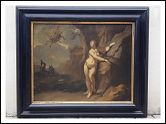 Dipinto antico scena mitologica liberazione di Andromeda di Perseo con Pegaso